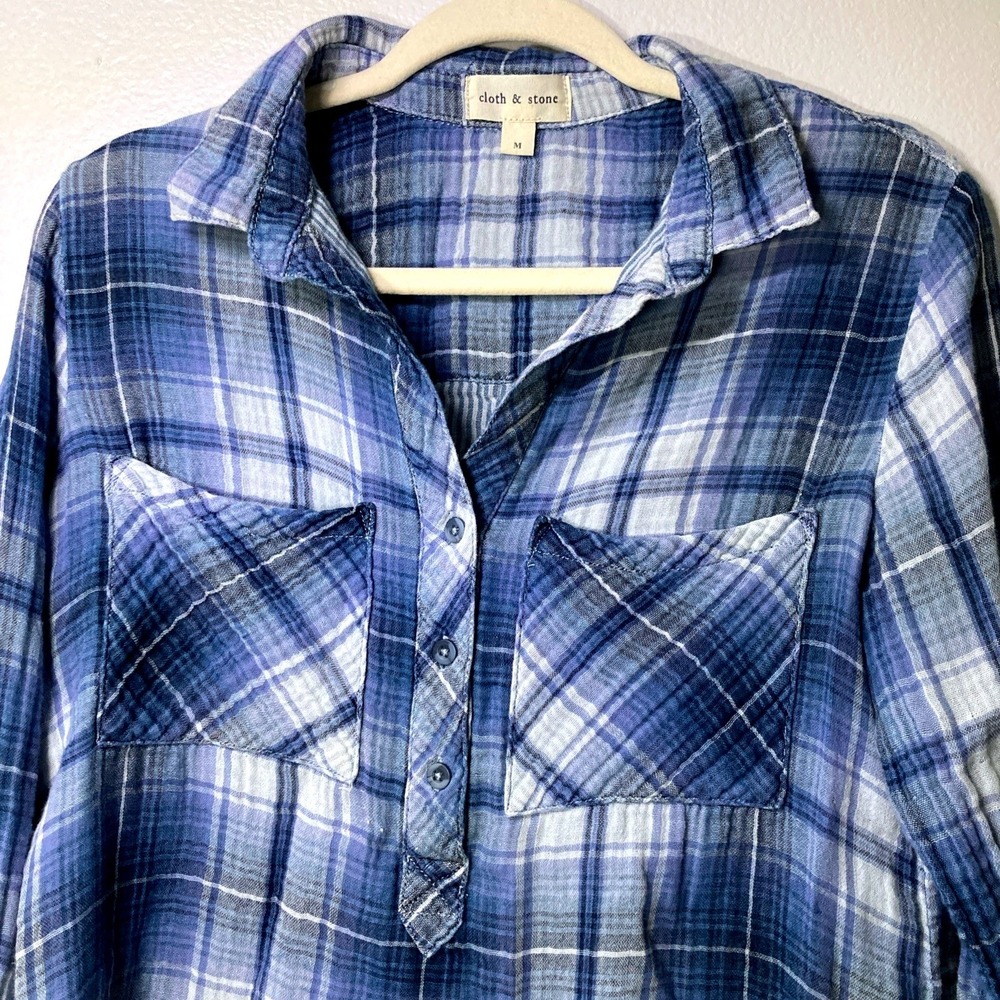 Cloth & Stone Anthropologie Women's M Blue Plaid Shirt Gauzy
